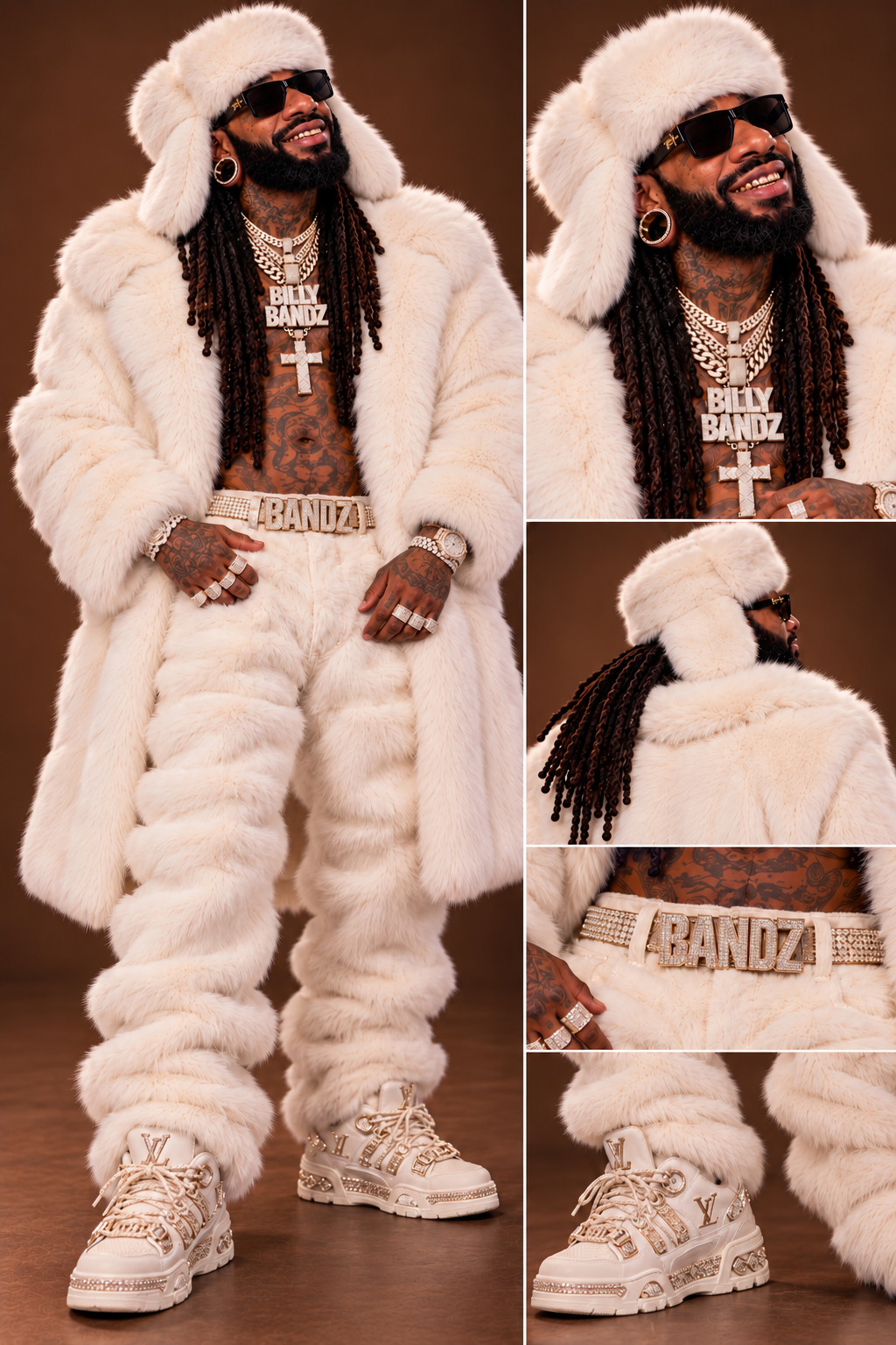 Billy Bandz in a white fur hat, coat and pants, with black sunglasses, long dreadlocks and diamond BILLY BANDZ jewelry