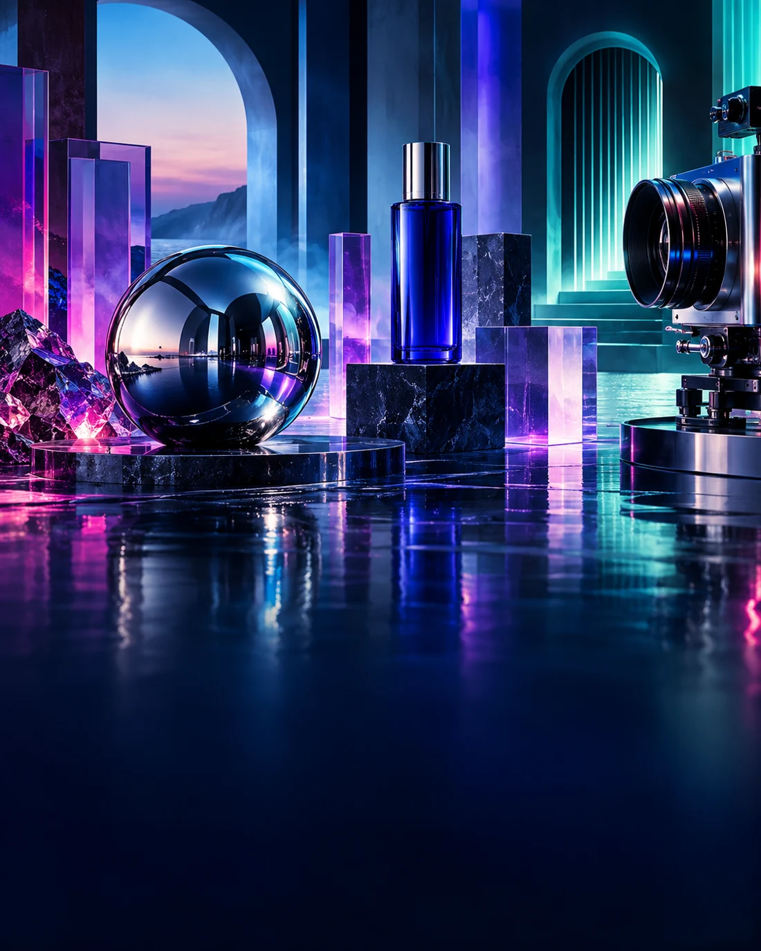 Futuristic creative production set with chrome sculpture, a cobalt product bottle, and violet studio lighting