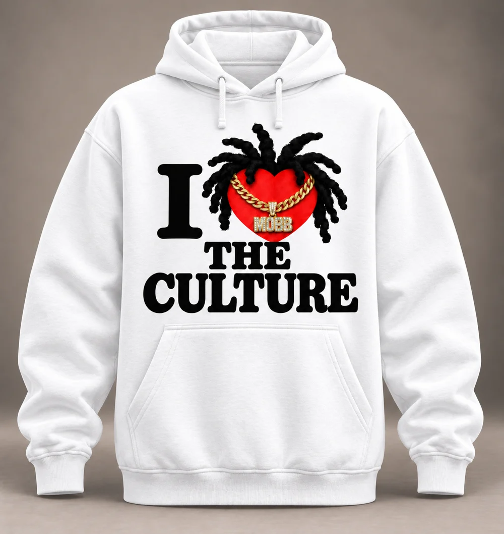 White The Culture hoodie with character-inspired wicks and a gold MOBB chain design