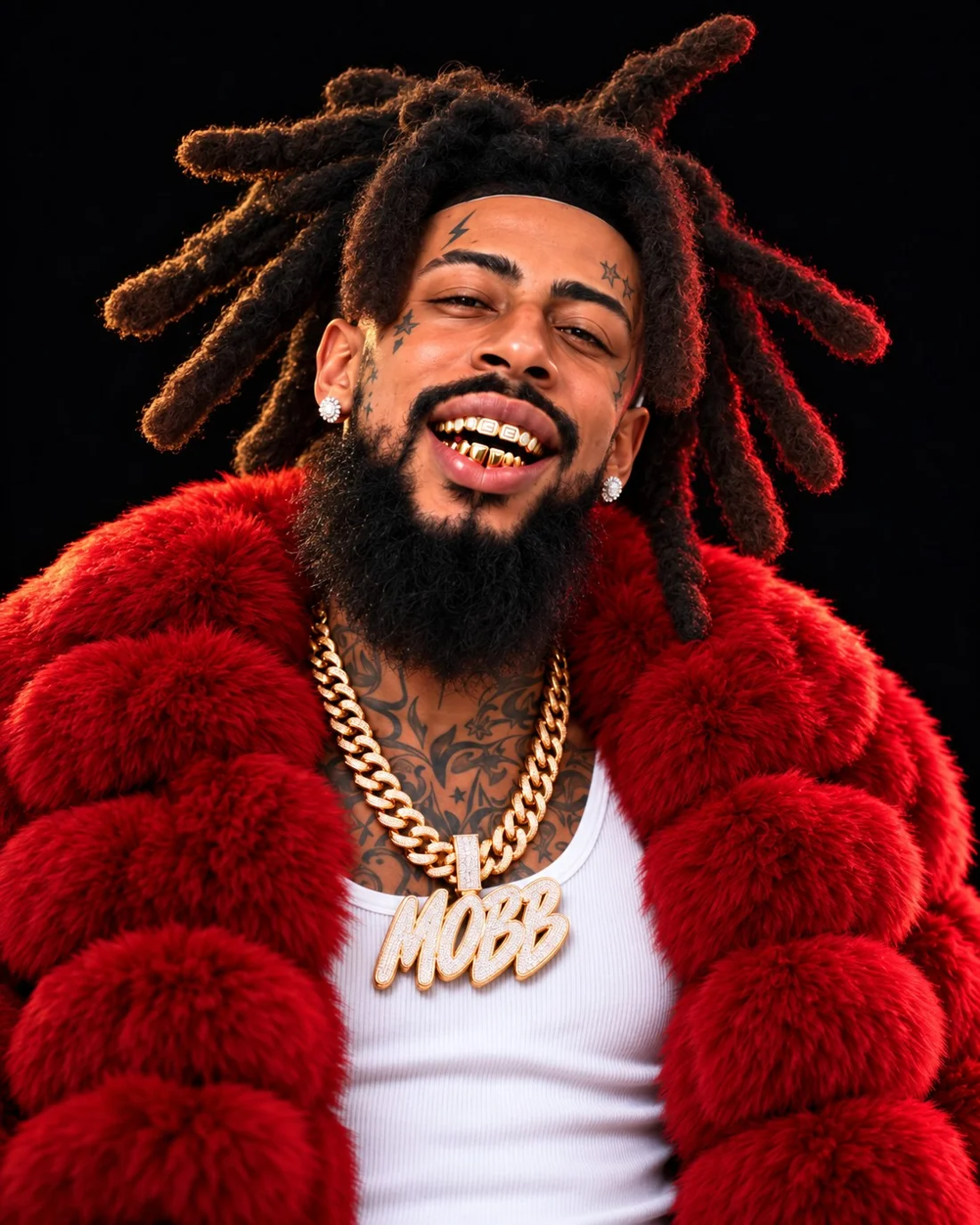 ROHNi wearing a red fur coat, gold MOBB chain and gold grills