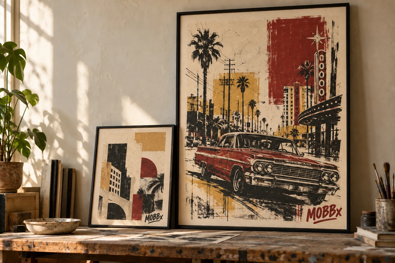 MOBBx-branded textured city artwork and lowrider print in a naturally lit studio